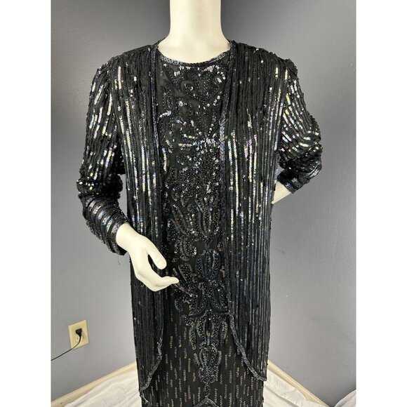 Vtg Fantasy By Lisa Kane Pure Silk Embellished Black Beaded Dress 36” Bust - Picture 4 of 16